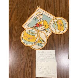 Vintage Mid Century Lady Tea Party Potholder Set Snap On Wall Display 6pc Lot